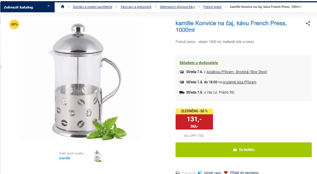 Konvice French press, objem 1000 ml