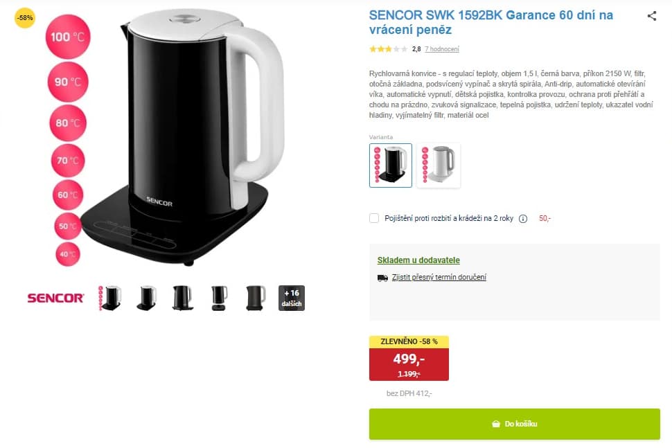 Rychlovarná konvice Sencor, teploty, 1,5l.