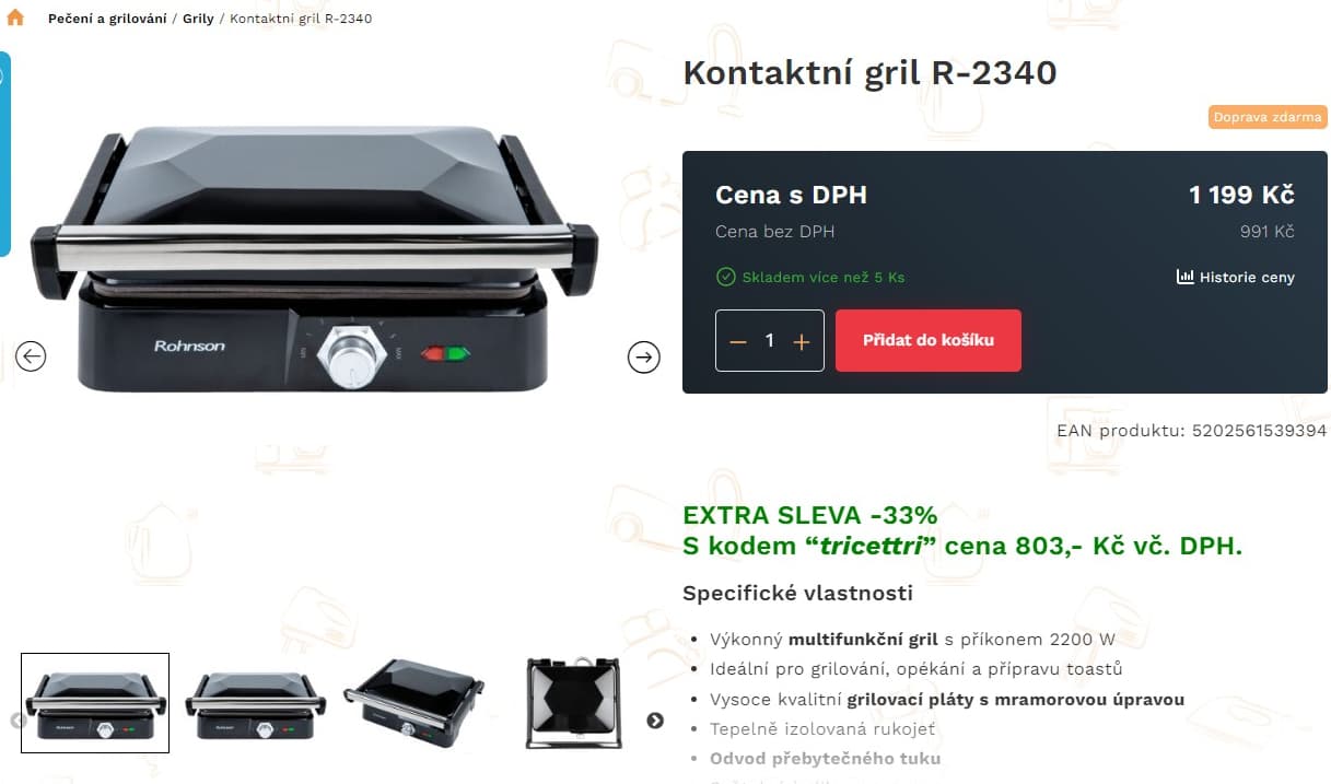 El. kontaktní gril Rohnson 30x23cm