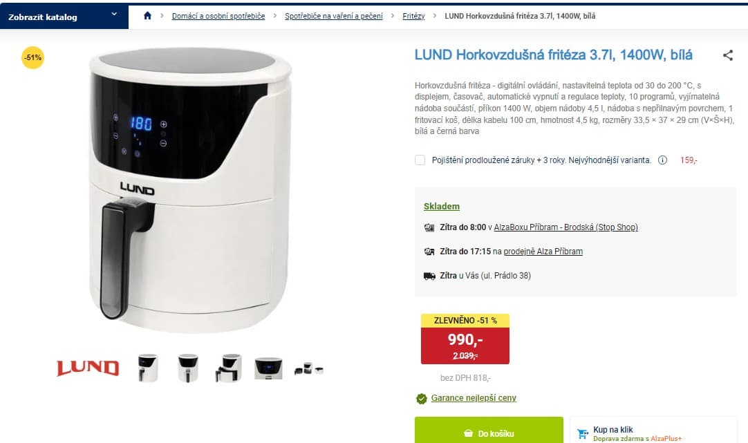 Horkovzdušná fritéza Lund, 3.7l, 1400W