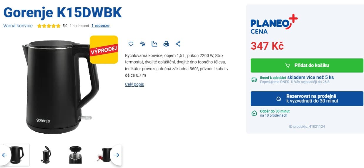 Rychlovarná konvice Gorenje, 1,5 l, 2200 W