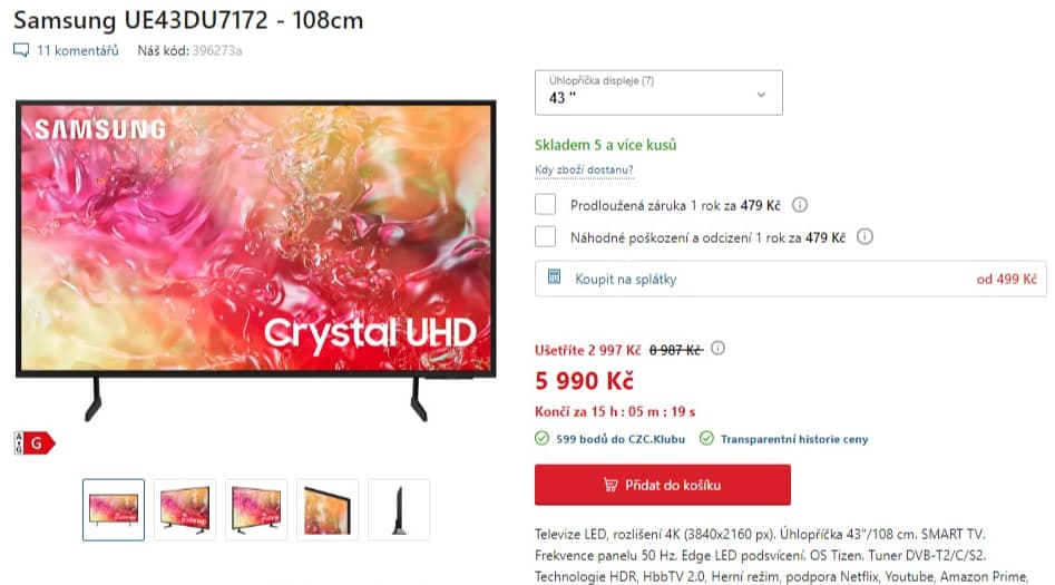 4K Smart TV, HDR, BT, 109cm, Samsung