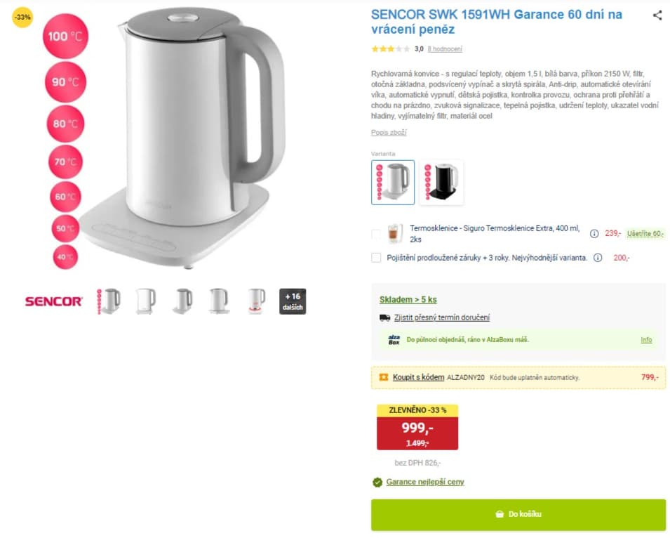 Rychlovarná konvice Sencor, teploty, 1,5l.