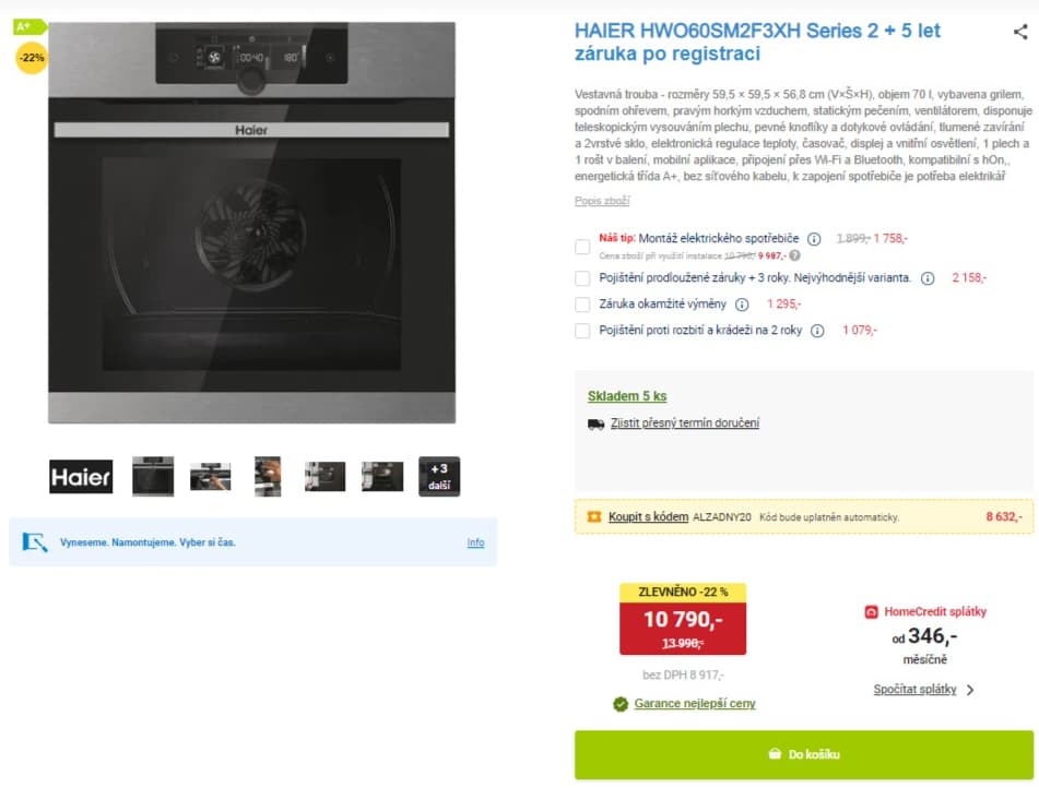 Vestavná trouba Haier, Wifi, BT, 70l, gril, A+