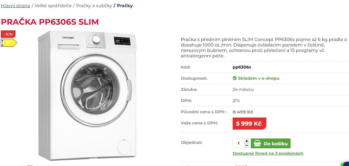 Pračka Concept 6kg, 1000ot., 41,6cm