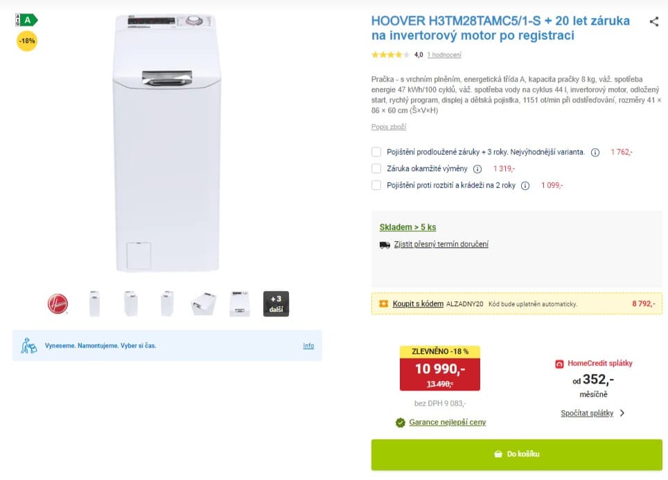 Pračka Hoover 8kg, 1100ot., NFC, A