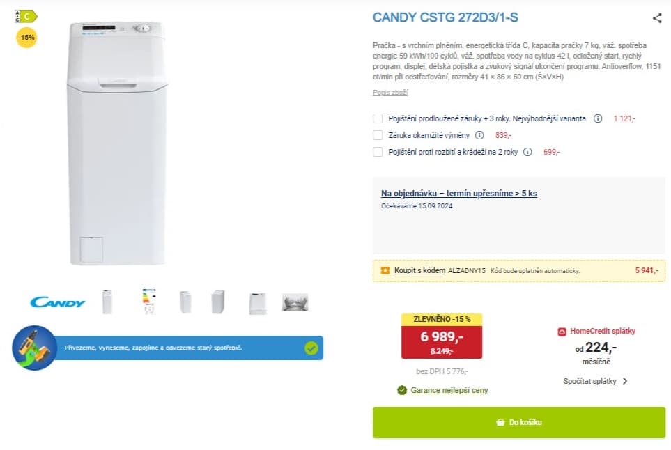 Pračka Candy 7kg, 1100 ot., NFC, C