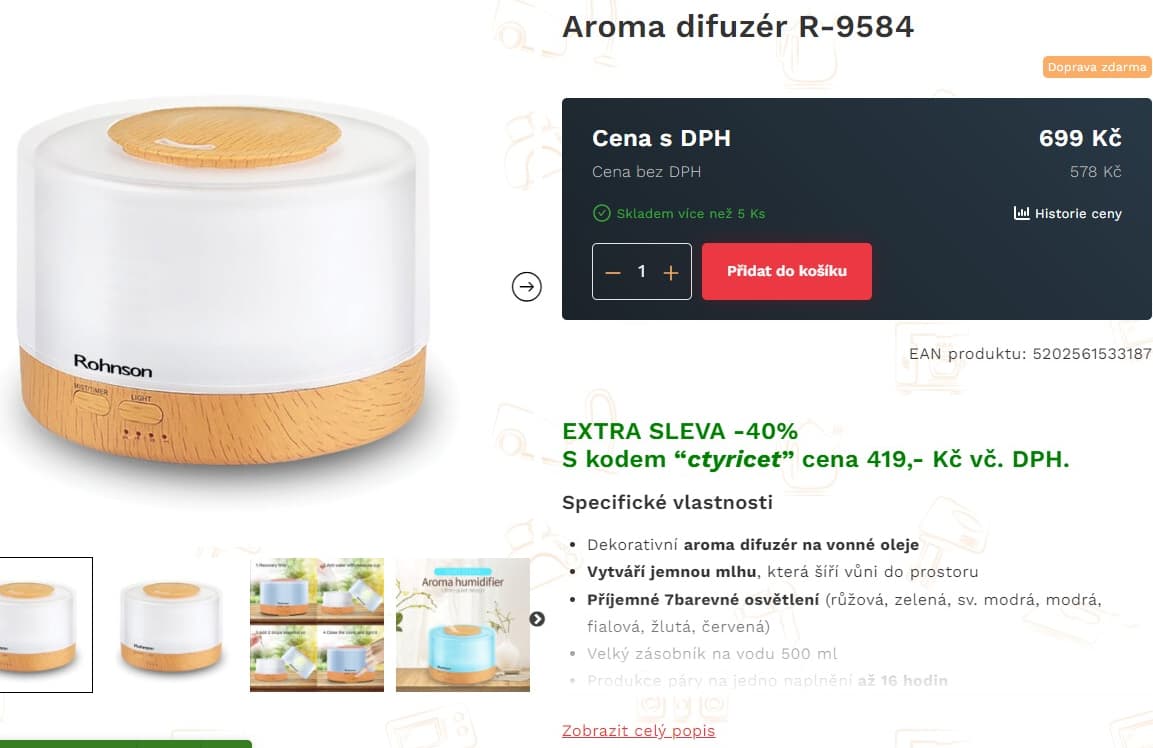 Ultrazvuk aroma difuzér Rohnson 500ml, 30m