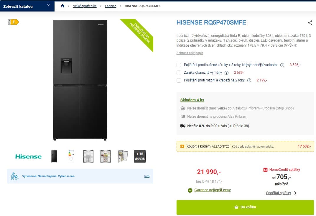 Čtyřdveřová komb. lednice Hisense, 303/179l