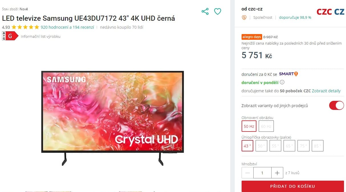 4K Smart TV, HDR, BT, 109cm, Samsung