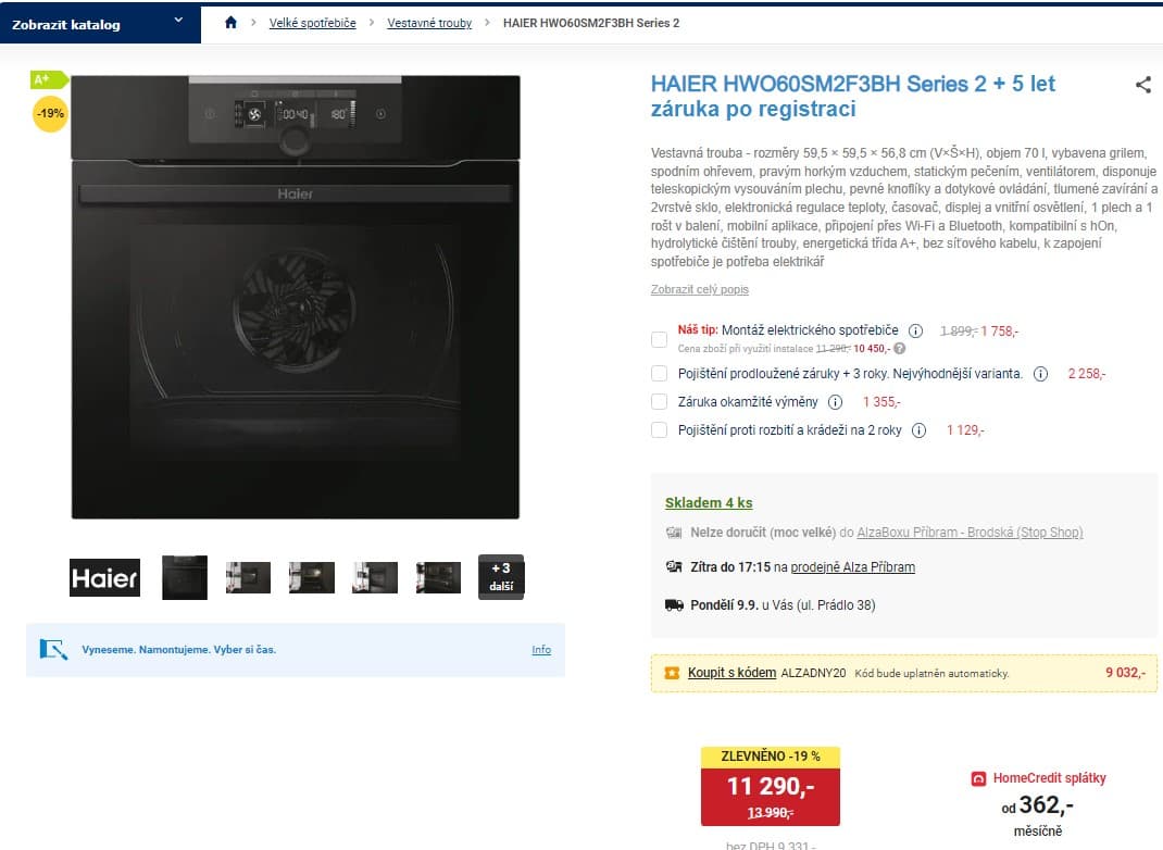Vestavná trouba Haier, gril, A+, 70 l, Wi-Fi