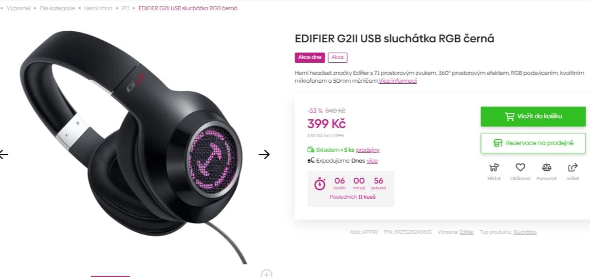 Sluchátka Edifier RGB, 7.1 + 360° efekty