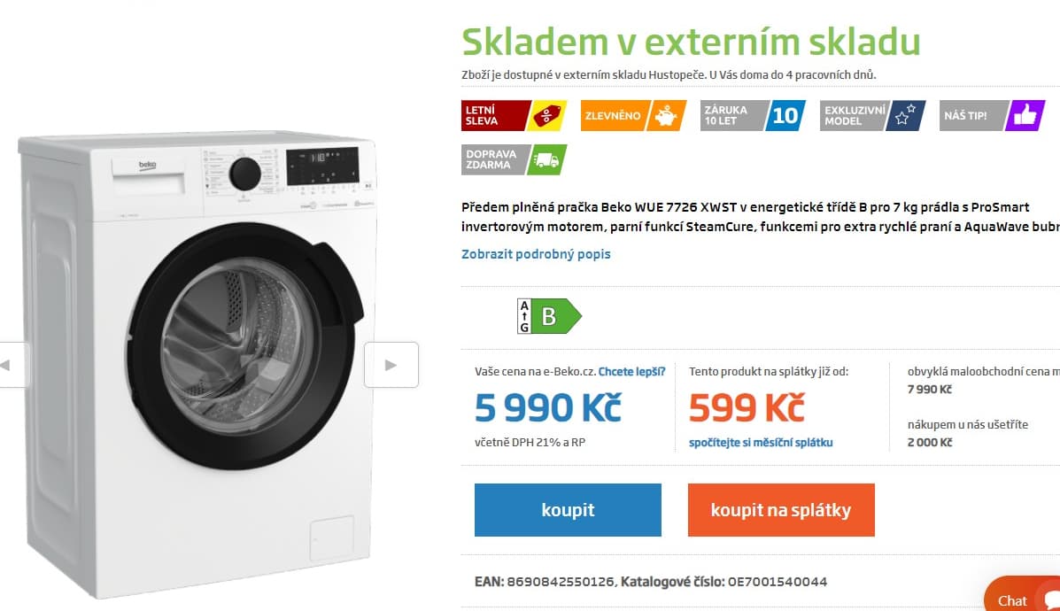 Parní pračka Beko 7kg, 1400 ot., B