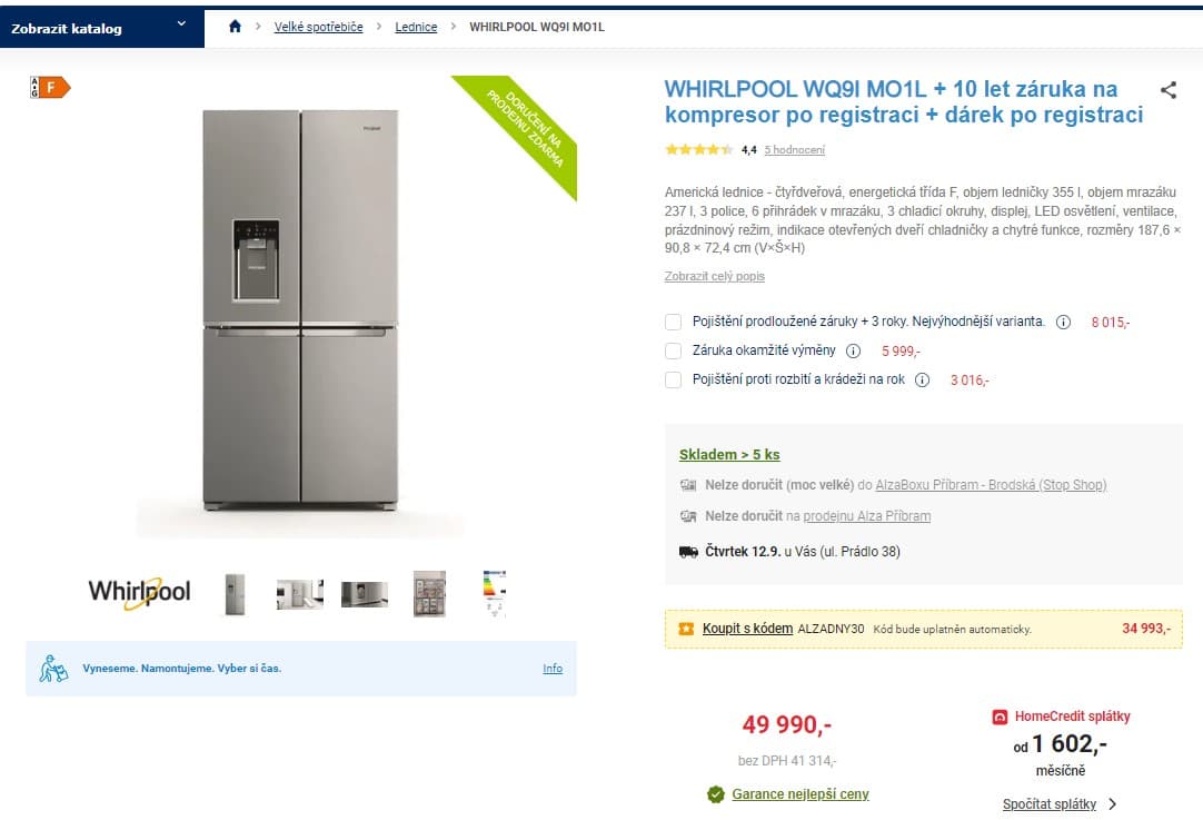 Americká lednice Whirlpool, 355/237 l, led