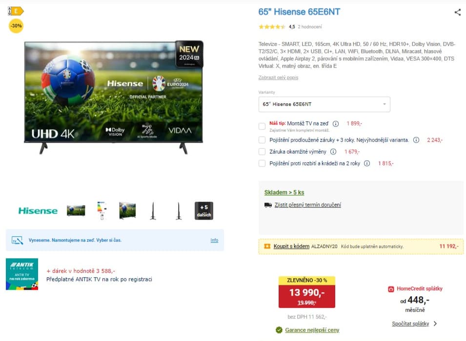 4K Smart TV, 165 cm, Hisense