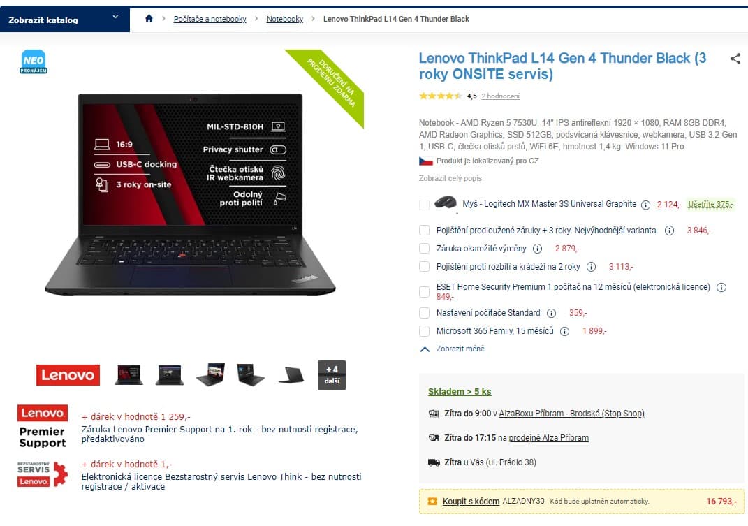 Notebook Lenovo, 14", 8GB, SSD 512GB