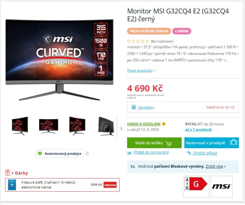 Herní prohnutý PC monitor MSI 32"
