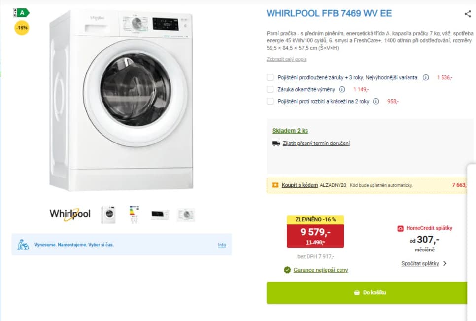 Parní pračka Whirlpool 7kg, 1400ot., A