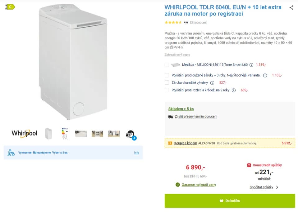 Pračka Whirlpool, 6kg, 1000 ot.