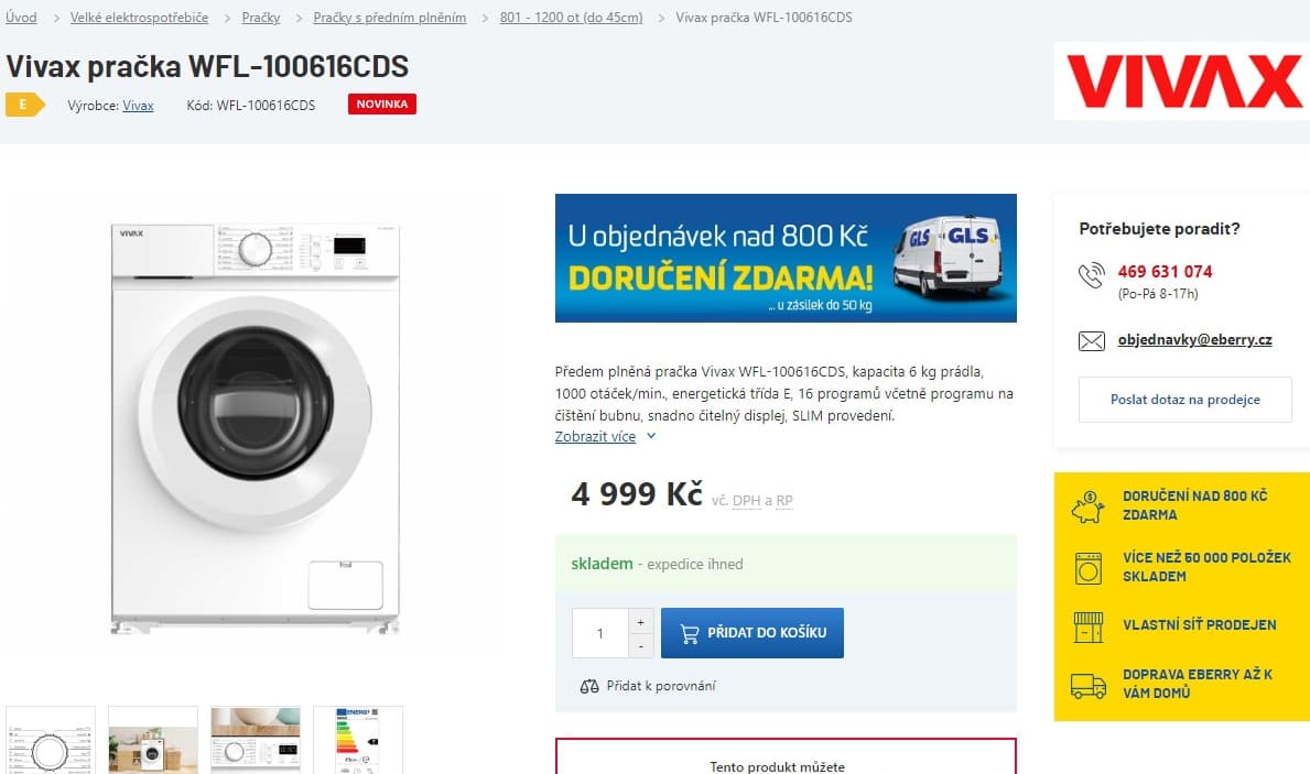 Pračka Vivax 6kg, 1000ot., E, displej, slim