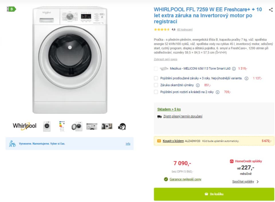 Pračka Whirlpool 7 kg, 1200 ot/min