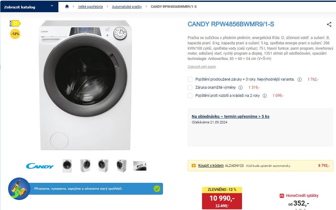 Pračka se sušičkou Candy, 8/5 kg, 1351 ot/min