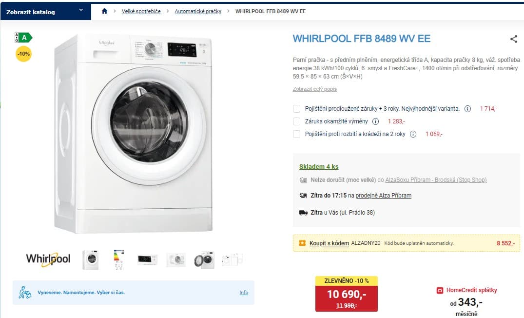 Parní pračka Whirlpool, A, 8 kg, 1400 ot/min