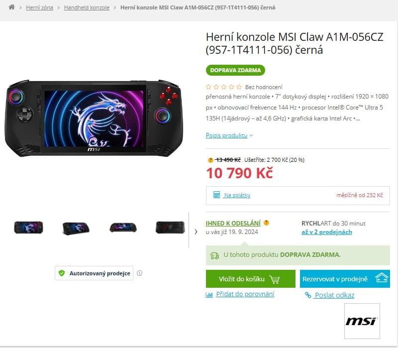 Konzole MSI Claw 4,6GHz, 16GB RAM, 7"