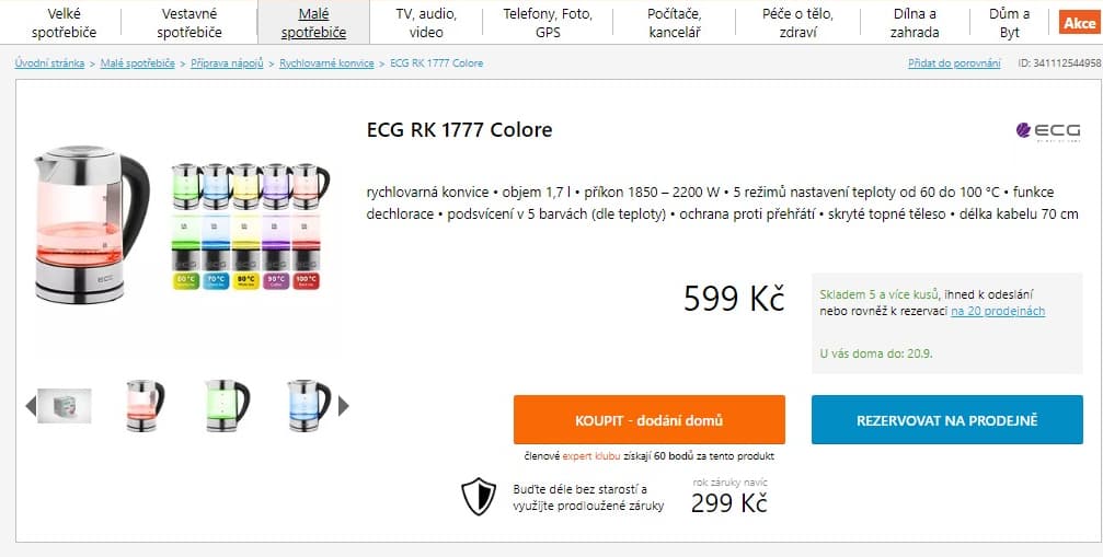 Rychlovarná konvice ECG, teploty, 1,7l