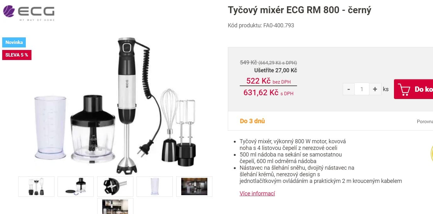 Tyčový mixér ECG, 800 W, nádoby