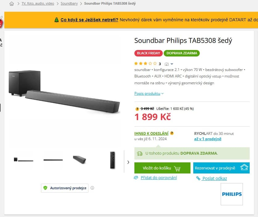 Soundbar Philips 2.1, 70W, subwoofer