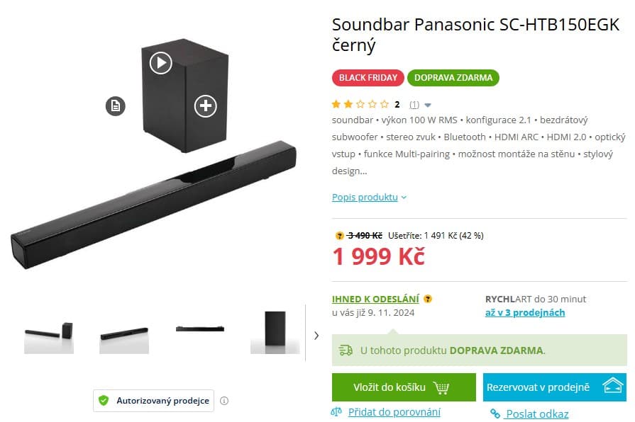 Soundbar Panasonic 2.1, 100W, subwoofer