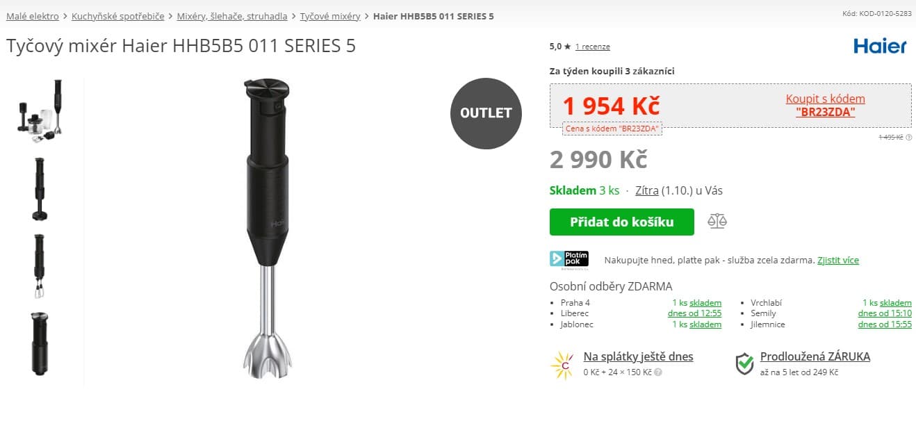 Tyčový mixér Haier, 1000 W, příslušenství