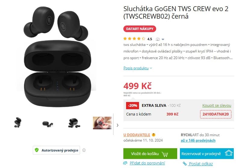 BT sluchátka GoGEN 16 hodin, TWS