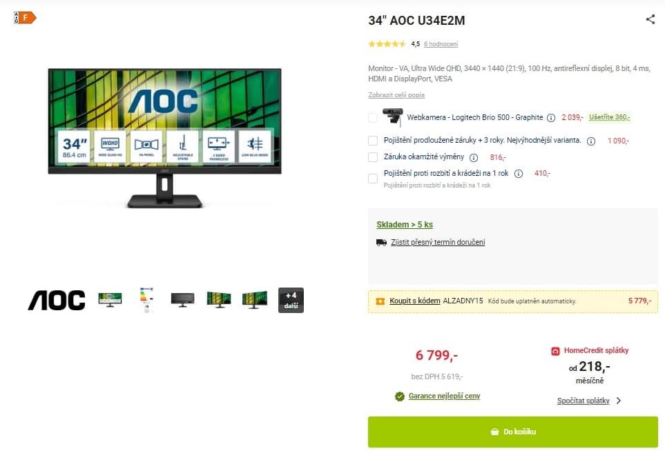 QHD LCD monitor AOC, 34", 100Hz, 21:9