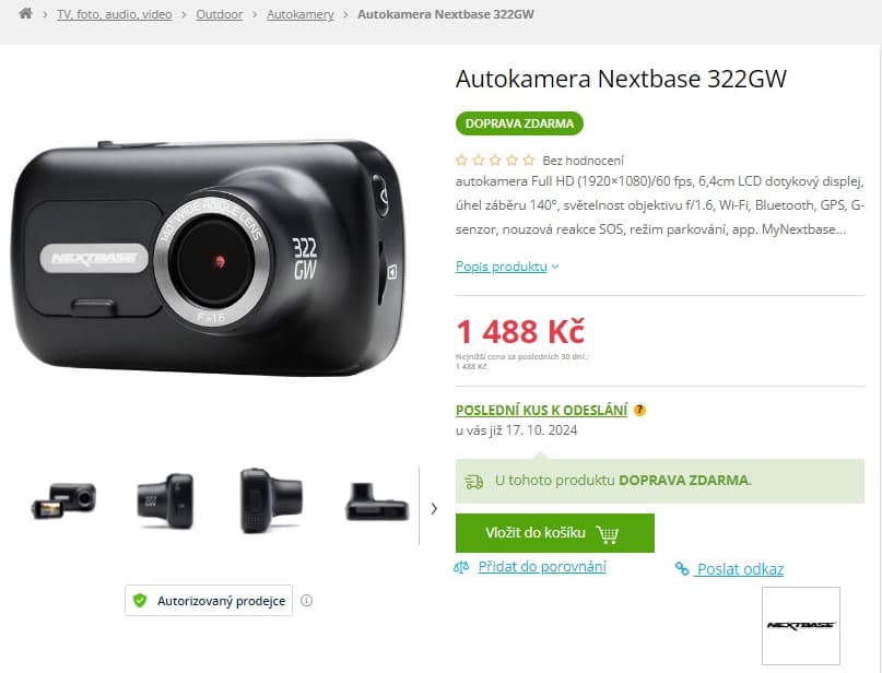 Kamera do auta Nextbase, FHD, Wifi, BT