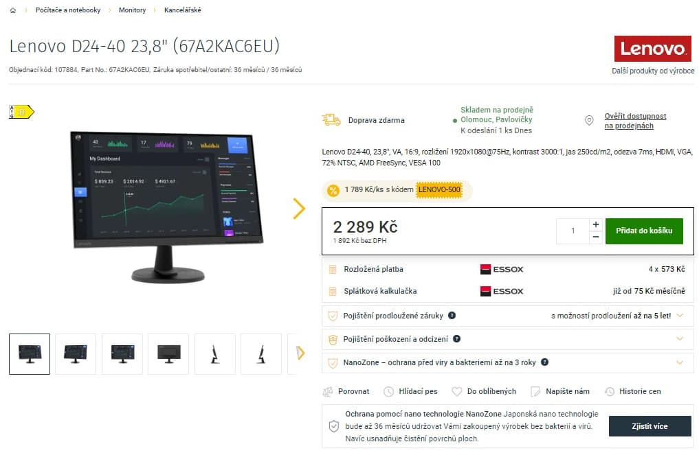 Full HD monitor Lenovo 24", 75Hz