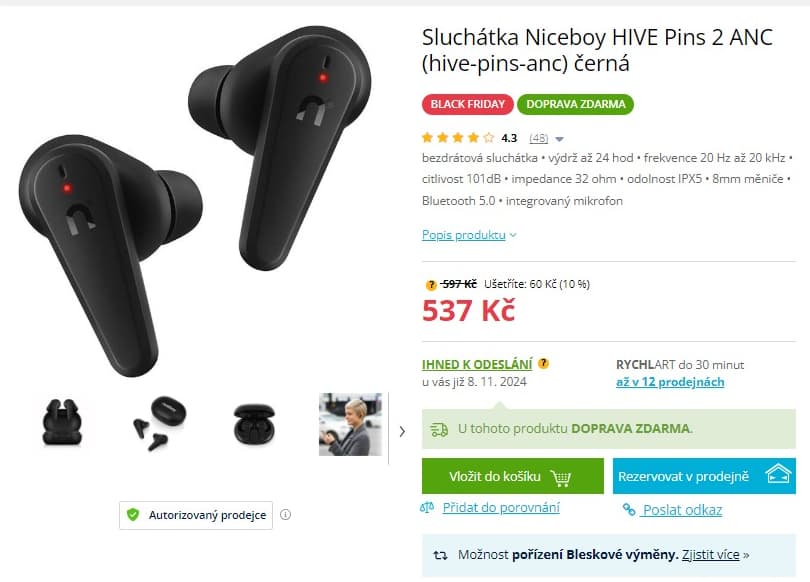 BT sluchátka Niceboy Hive Pins 2, ANC, TWS