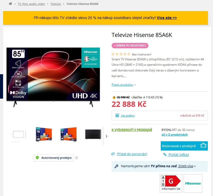 4K smart TV, HDR, 215cm, Hisense