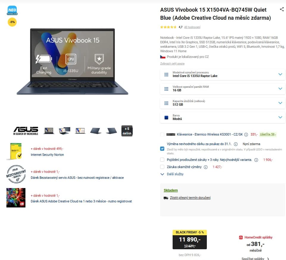 Asus i5 4,6GHz, 16GB RAM, 15,6", SSD