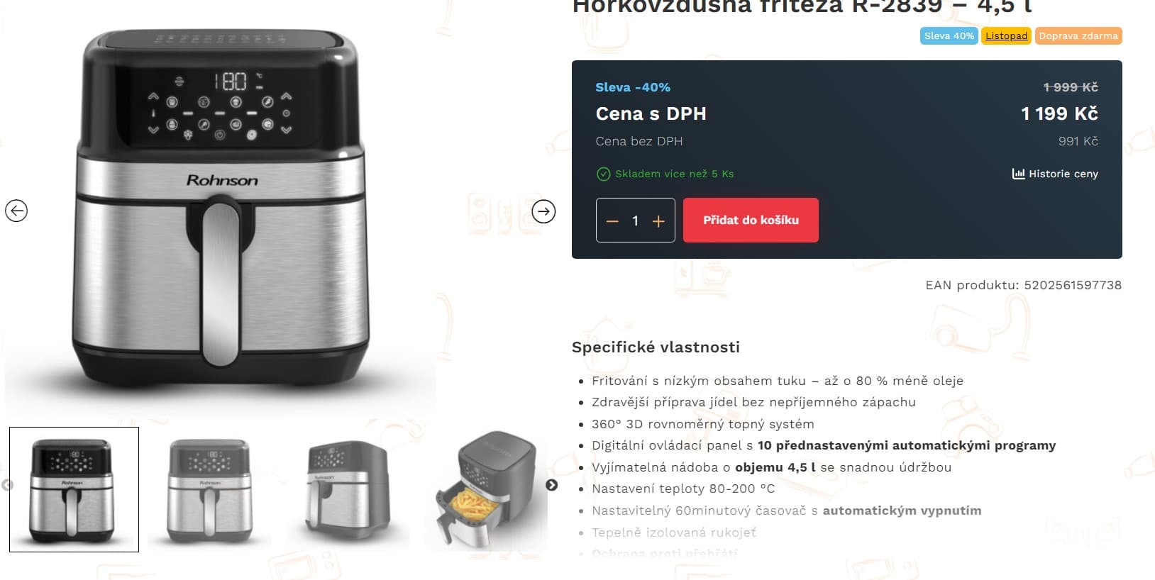 Horkovzdušná fritéza Rohnson, 4,5 l, 1500W