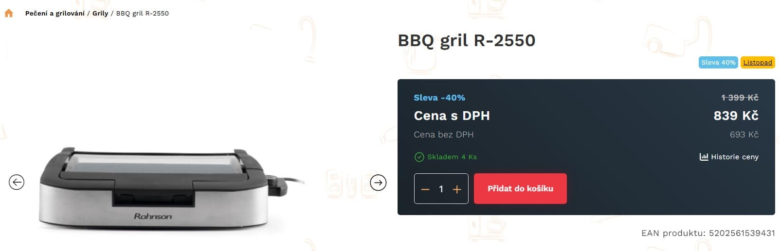 BBQ gril Rohnson, 1800 W, 35x24 cm