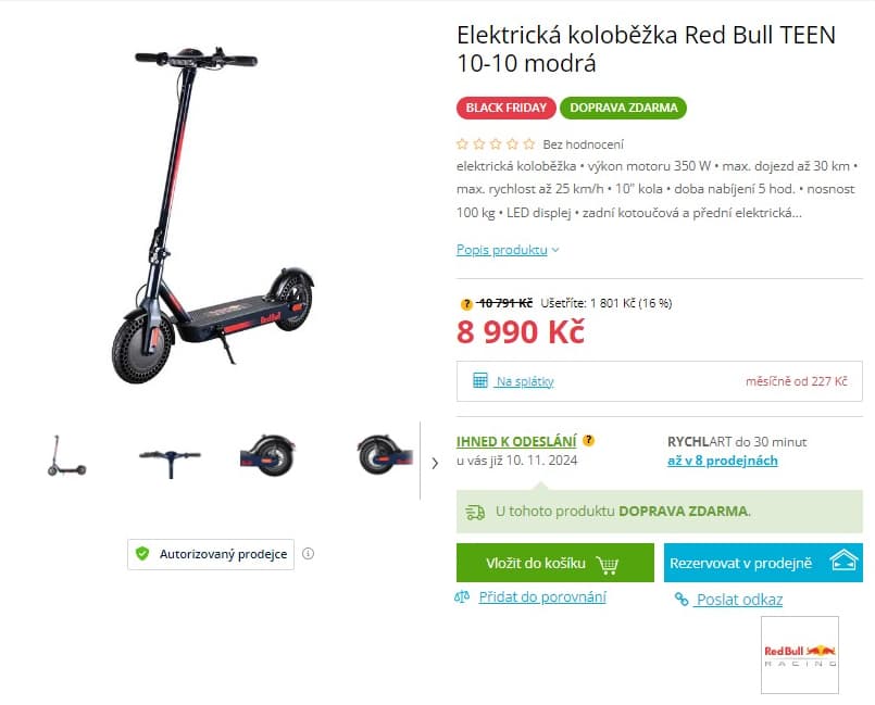 El. koloběžka Red Bull 25km/h, 30km, 350W