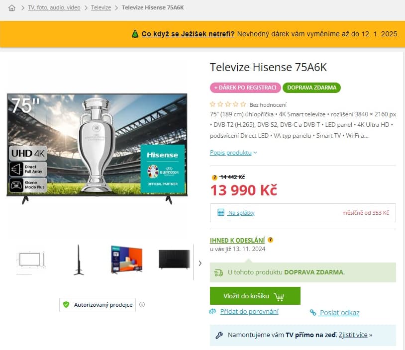 4K smart TV, HDR, 189cm, Hisense