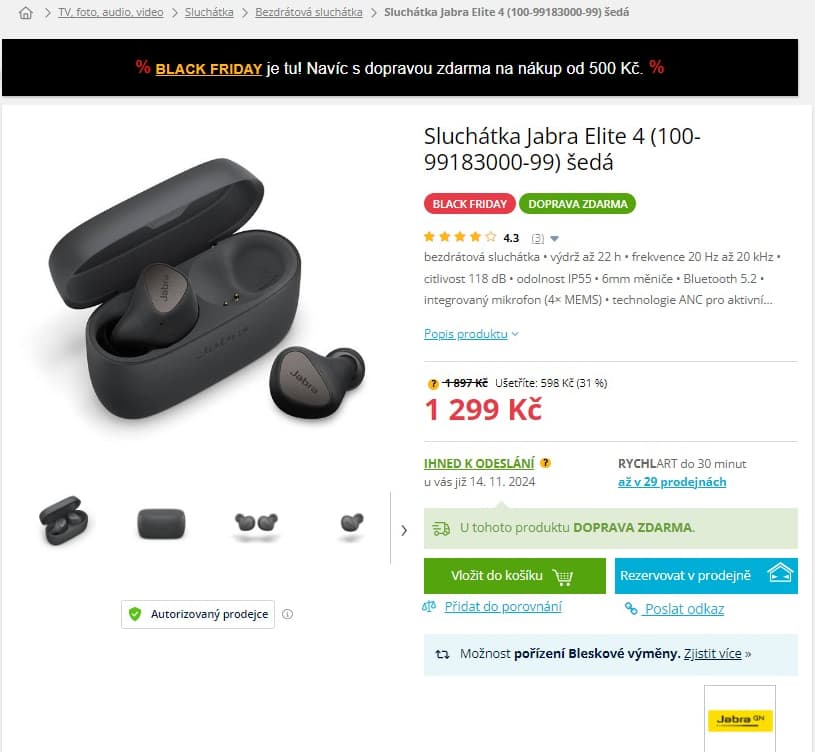 BT sluchátka Jabra Elite, ANC, 22 hodin