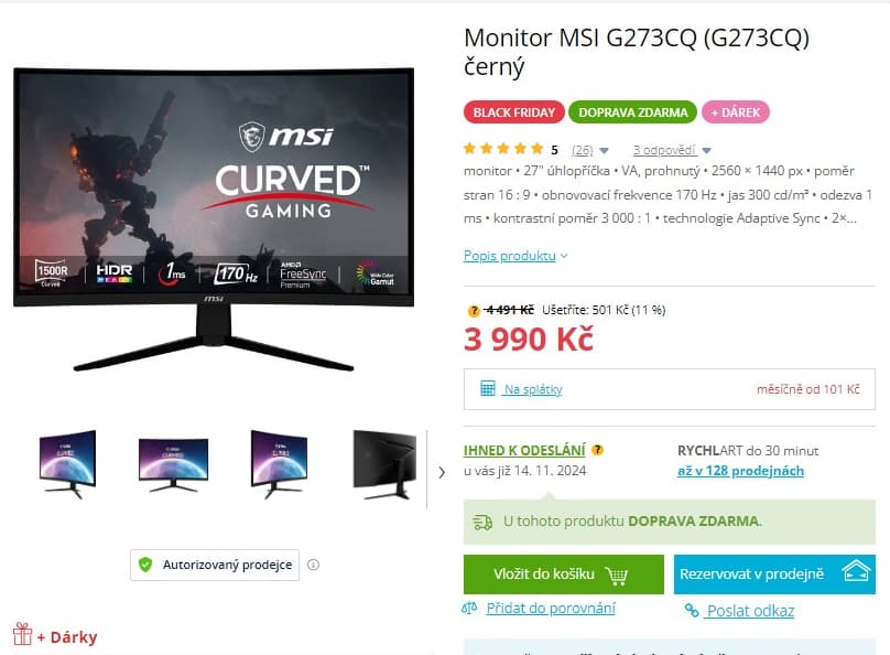 Herní zakřivený PC monitor 27", QHD