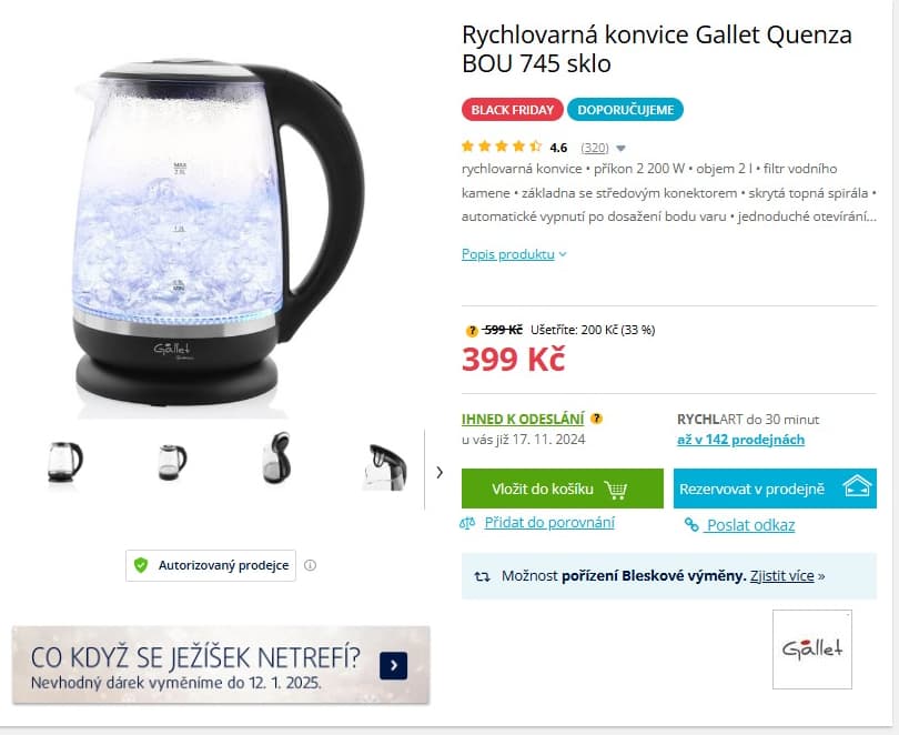 Rychlovarná konvice Gallet, 2 l.