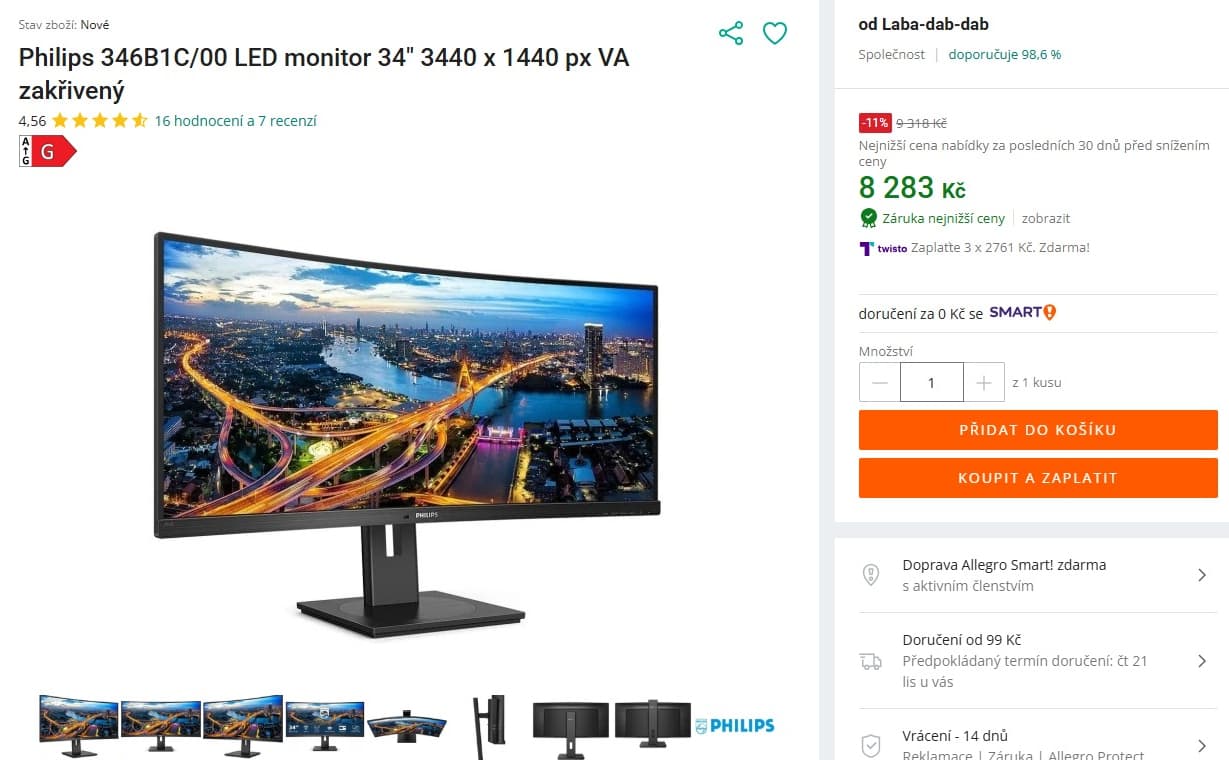 QHD zakřivený PC monitor 34", repro, 21:9