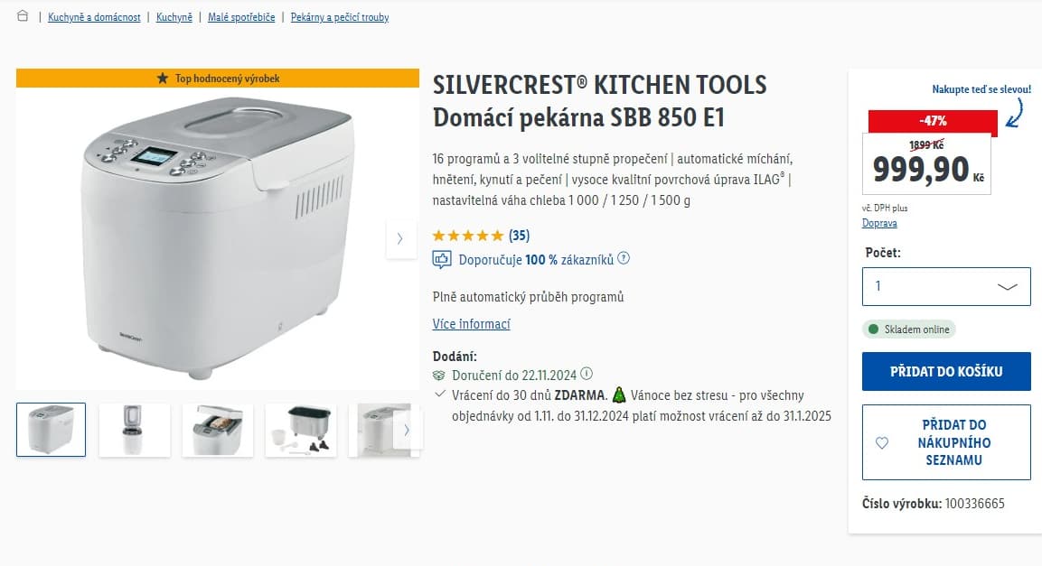 Pekárna Silvercrest 1,5kg, 16 programů