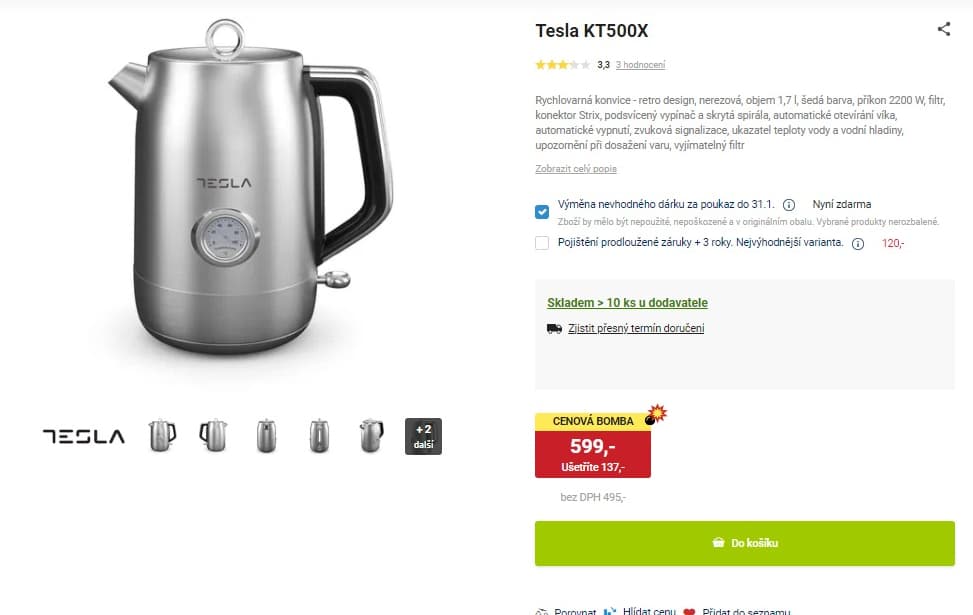 Rychlovarná konvice Tesla, 1,7l, teplota
